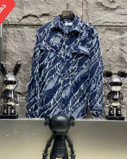 Distressed "Fiber" Pattern Shirt (Navy and White)