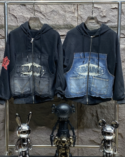 Denim Patchwork Zip-Up Hoodie